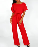 Damen Jumpsuit mit gerafften Ärmeln und Bindegürtel in Rot