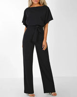 Damen Jumpsuit mit gerafften Ärmeln und Bindegürtel in Schwarz