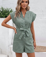 Damen Jumpsuit mit Knopfleiste und Taillenband in Grün