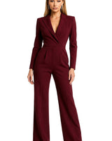 Damen-Jumpsuit mit langen Ärmeln, Reverskragen und weitem Bein in Rot