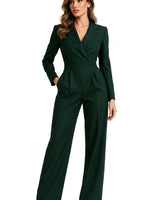 Damen-Jumpsuit mit langen Ärmeln, Reverskragen und weitem Bein in Grün