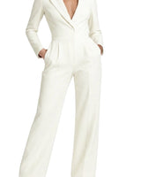Damen-Jumpsuit mit langen Ärmeln, Reverskragen und weitem Bein in Weiß