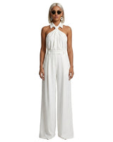 Damen-Jumpsuit mit Neckholder-Kragen, Knotendetail und weitem Bein in Weiß