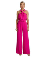 Damen-Jumpsuit mit Neckholder-Kragen, Knotendetail und weitem Bein in Rosa