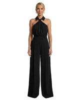 Damen-Jumpsuit mit Neckholder-Kragen, Knotendetail und weitem Bein in Schwarz