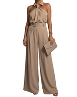 Damen-Jumpsuit mit Neckholder-Kragen, Knotendetail und weitem Bein in Khaki