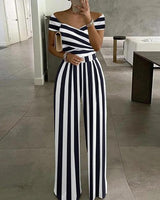 Damen Jumpsuit mit Off-Shoulder-Ausschnitt und Wickeloberteil mit weitem Bein in Weiß-Marine mit Streifen