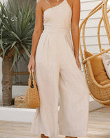 Damen Jumpsuit mit One-Shoulder-Träger und weitem Bein in Beige
