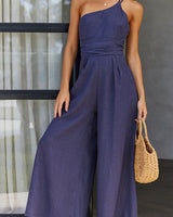 Damen Jumpsuit mit One-Shoulder-Träger und weitem Bein in Blau