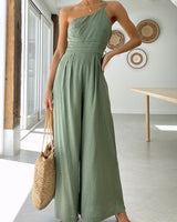 Damen Jumpsuit mit One-Shoulder-Träger und weitem Bein in Hellgrün