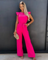 Damen Jumpsuit mit Rüschenärmeln und Bindegürtel in Rosa