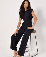 Damen Jumpsuit mit Rüschenärmeln und Bindegürtel in Schwarz
