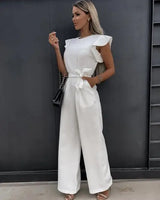 Damen Jumpsuit mit Rüschenärmeln und Bindegürtel in Weiß