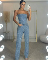 Damen Jumpsuit mit trägerlosen Oberteil und Seitentaschen in Hellblau