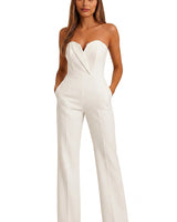 Damen-Jumpsuit mit trägerlosem V-Ausschnitt und weitem Bein in Weiß