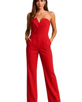 Damen-Jumpsuit mit trägerlosem V-Ausschnitt und weitem Bein in Rot