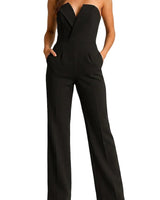 Damen-Jumpsuit mit trägerlosem V-Ausschnitt und weitem Bein in Schwarz
