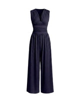Damen-Jumpsuit mit V-Ausschnitt und weitem Bein in Schwarz