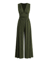 Damen-Jumpsuit mit V-Ausschnitt und weitem Bein in Armeegrün