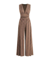 Damen-Jumpsuit mit V-Ausschnitt und weitem Bein in Beige
