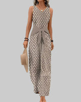 Damen Jumpsuit mit V-Hals Kontrastgürtel Weitem Bein und Geometrischem Muster in Beige