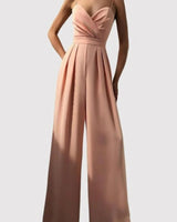 Damen Jumpsuit mit Wickeloberteil Spaghettiträgern Herzausschnitt und Weitem Hosenbein in Aprikose