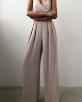 Damen Jumpsuit mit Wickeloberteil Spaghettiträgern Herzausschnitt und Weitem Hosenbein in Beige