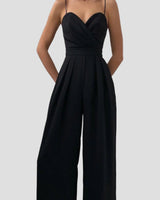 Damen Jumpsuit mit Wickeloberteil Spaghettiträgern Herzausschnitt und Weitem Hosenbein in Schwarz