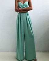 Damen Jumpsuit mit Wickeloberteil Spaghettiträgern Herzausschnitt und Weitem Hosenbein in Türkis