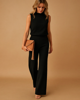 Damen Jumpsuit ohne Ärmel mit Rundhalsausschnitt und weitem Bein in Schwarz