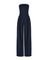 Damen-Jumpsuit trägerlos mit weitem Bein und Faltenlegung in Marineblau