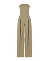 Damen-Jumpsuit trägerlos mit weitem Bein und Faltenlegung in Beige