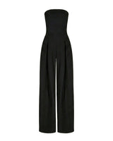 Damen-Jumpsuit trägerlos mit weitem Bein und Faltenlegung in Schwarz