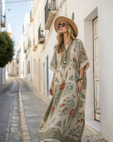 Damen Kaftan-Maxikleid mit V-Ausschnitt weiten Ärmeln Blumenmuster und Zierborte in Beige