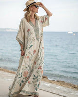 Damen Kaftan-Maxikleid mit V-Ausschnitt weiten Ärmeln Blumenmuster und Zierborte in Cremefarben