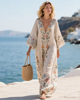 Damen Kaftan-Maxikleid mit V-Ausschnitt weiten Ärmeln Blumenmuster und Zierborte in Hellbeige