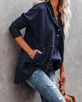 Clara | Damen Kapuzen-Tunika langarm oversized Hoodie mit Knopfleiste in Marine