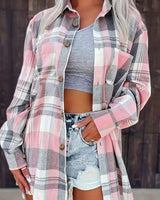 Amelie | Damen Karierter Flanell Cardigan Oversized Langarm Hemdbluse in Rosa
