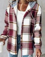 Johanna | Damen Karo Hoodie Jacke mit Kapuze Lockere Passform Winterjacke in Dunkelrot