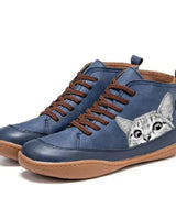 Luisa | Damen Katzenmotiv Schnür-Ankle Boots Leder-Stiefeletten in Blau