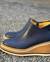 Katharina | Damen Keilabsatz Ankle Boots Kurzstiefel Reißverschluss Plateau in Dunkelblau