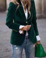 Elisabeth | Damen Klassischer Blazer mit Ein-Knopf-Verschluss Goldknöpfe Samtoptik in Grün