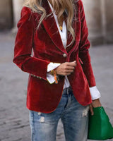 Elisabeth | Damen Klassischer Blazer mit Ein-Knopf-Verschluss Goldknöpfe Samtoptik in Rot