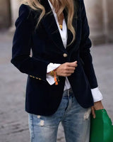 Elisabeth | Damen Klassischer Blazer mit Ein-Knopf-Verschluss Goldknöpfe Samtoptik in Schwarz