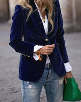 Elisabeth | Damen Klassischer Blazer mit Ein-Knopf-Verschluss Goldknöpfe Samtoptik in Blau