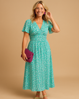 Damen Kleid mit kurzen Ärmeln, V-Ausschnitt und Blumenmuster mit Smokdetail in Grün