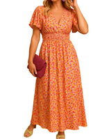 Damen Kleid mit kurzen Ärmeln, V-Ausschnitt und Blumenmuster mit Smokdetail in Orange