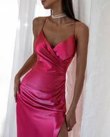 Damen Kleid mit Wickeloptik und dünnen Trägern in Rosa