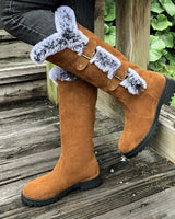 Frieda | Damen Kniehohe Stiefel Plüsch Schnallen Winterstiefel Warm in Hellbraun