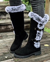 Frieda | Damen Kniehohe Stiefel Plüsch Schnallen Winterstiefel Warm in Schwarz